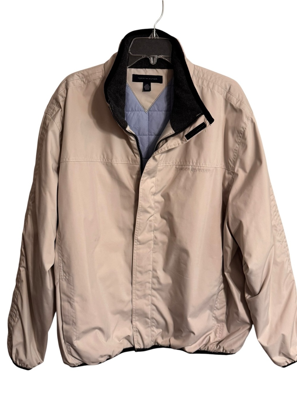 Vintage Tommy Hilfiger Men’s Cream Khaki Jacket with Light Blue Lining Large